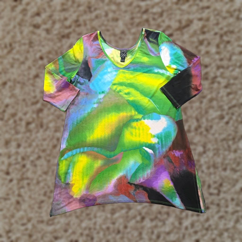 Vintage Clara Sun Woo Top Women Medium Green Stretch Tunic V Neck Abstract Art Casual Shirt Blouse Knit Geometric 3/4 Sleeve Pullover Size M / US 6-8 / IT 42-44 - 1 Thumbnail