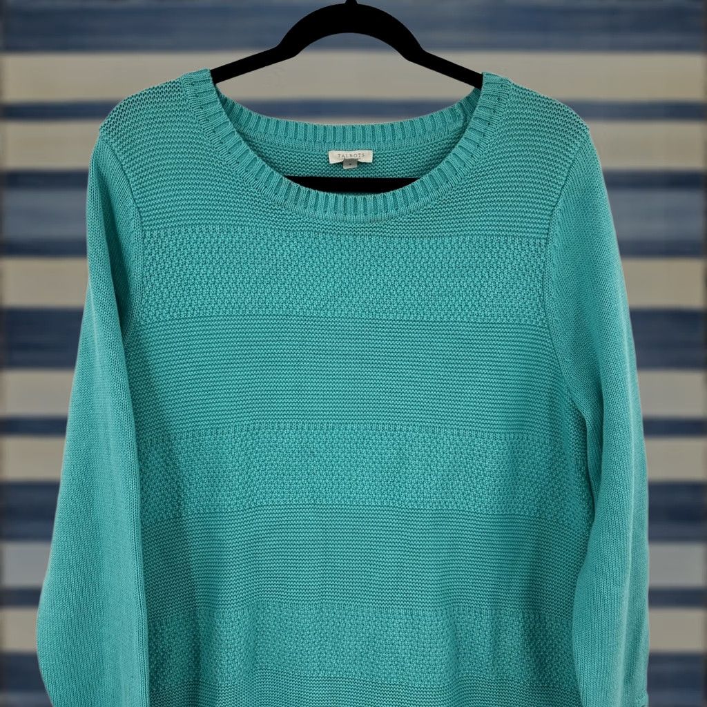 Talbots Talbots Womens Sweater Teal Blue Textured Knit Crew Neck Button Sleeve 100% Cotton Size XL / US 12-14 / IT 48-50 - 1 Thumbnail