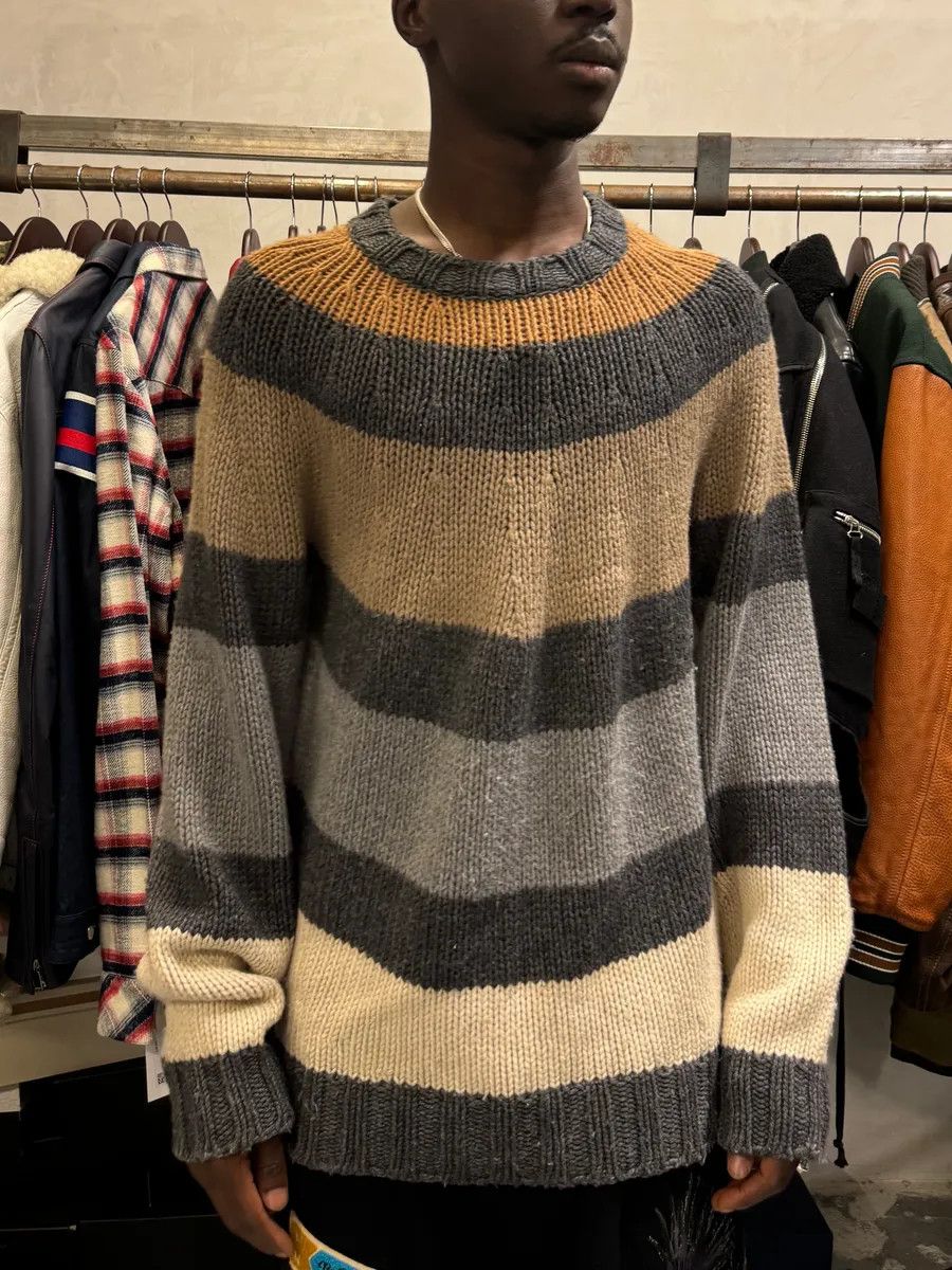 Designer × Dolce & Gabbana × Vintage 2000s Dolce & Gabbana Orange Grey Beige Lines Wool Sweater Size US M / EU 48-50 / 2 - 2 Thumbnail