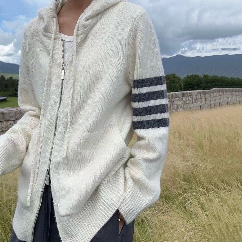 Thom Browne THOM Browne Stripe Floral Knit Wool Hooded Coat Size US XS / EU 42 / 0 - 1 Thumbnail