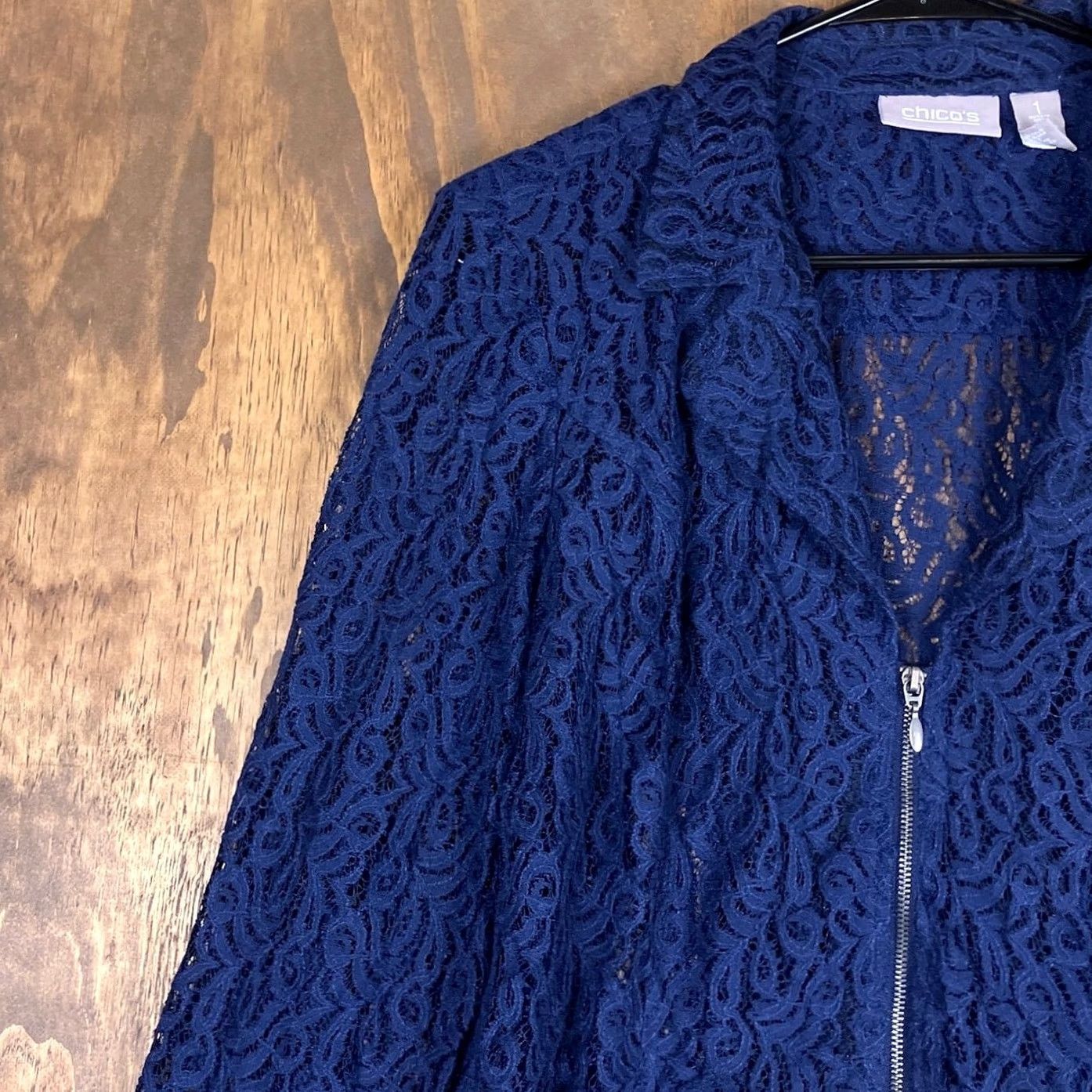 Vintage Chicos Womens Jacket Navy Floral Lace Zip Up Long Sleeve 1 (M) Jacket Womens M Navy Floral Lace Zip Up Long Sleeve Size M / US 6-8 / IT 42-44 - 4 Thumbnail