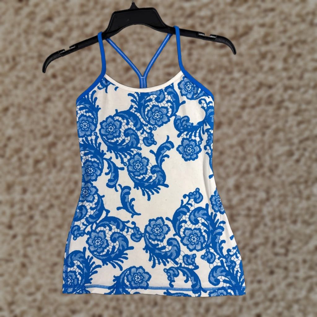 VINTAGELululemon Shirt Women 4 Blue White Floral Laceoflage Power Y Tank Luon W1A98S