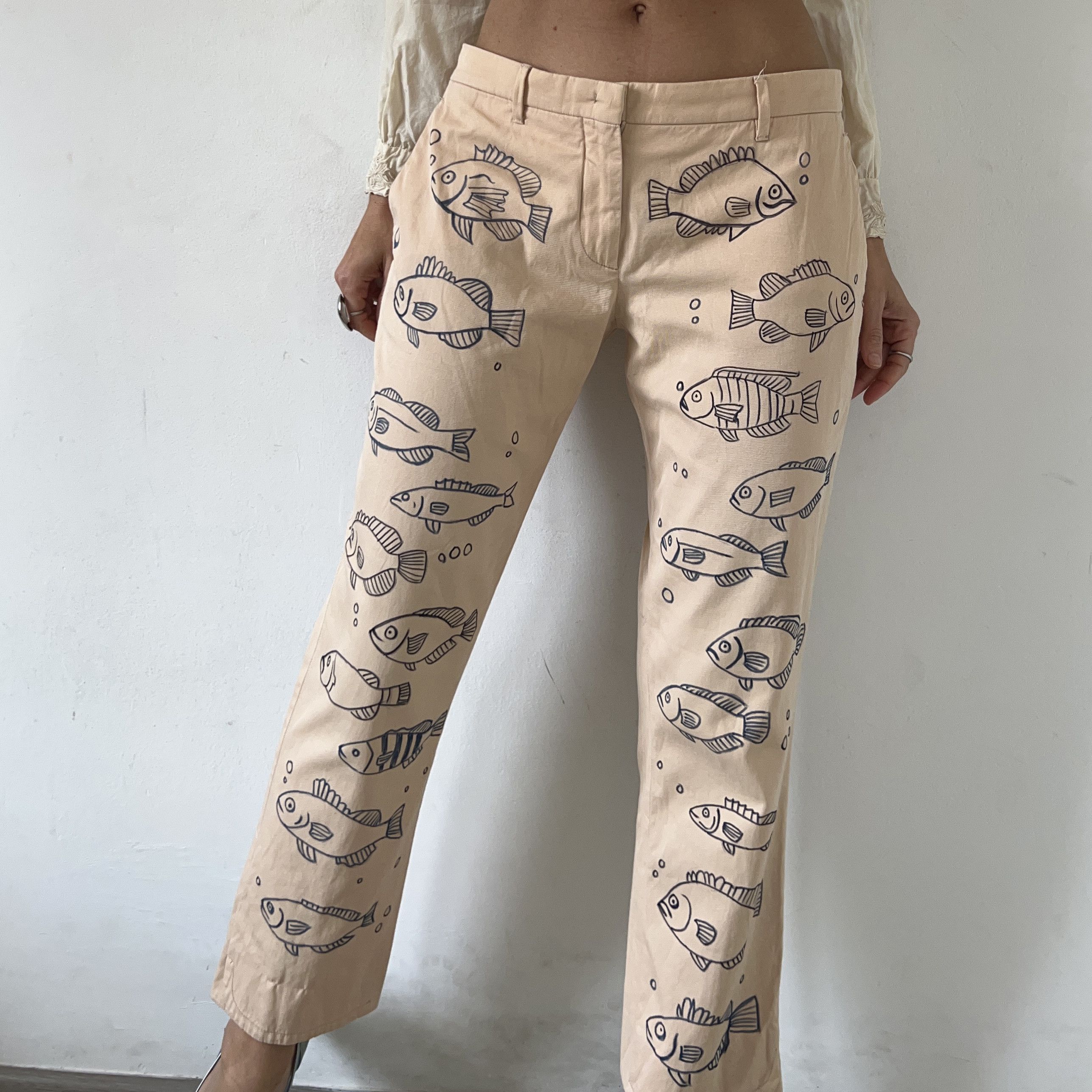 Miu Miu Custom Miu Miu painted fish pink cotton low rise pants Size 30" / US 8 / IT 44 - 1 Thumbnail