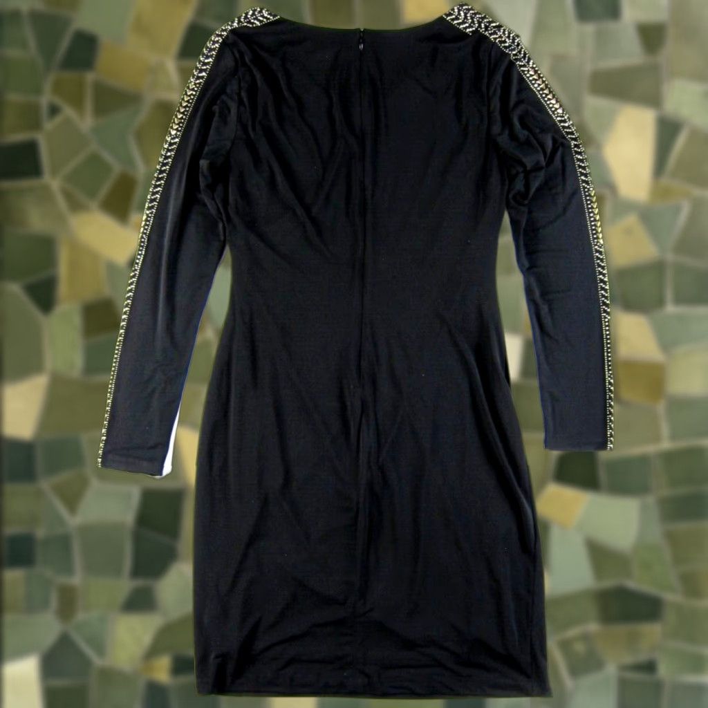 Guess GUESS Black Stretch Ruche Silver Studded Beaded V-Neck Long Sleeve Sheath Dress L Size L / US 10 / IT 46 - 1 Thumbnail