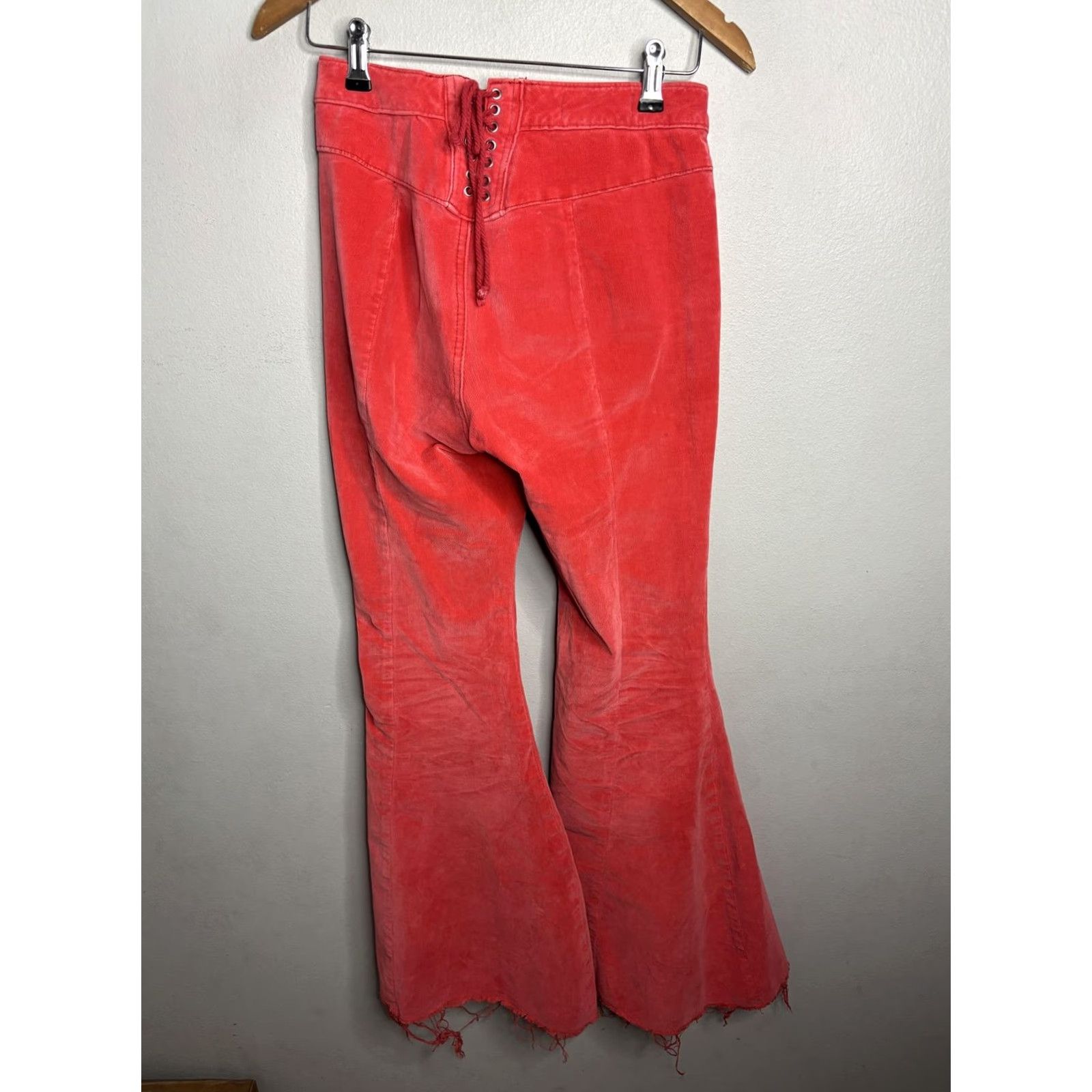 Vintage We The Free Corduroy Flare Pants Womens 27 Red High Rise Raw Hem Lace Up Boho Size 27" / US 4 / IT 40 - 5 Thumbnail