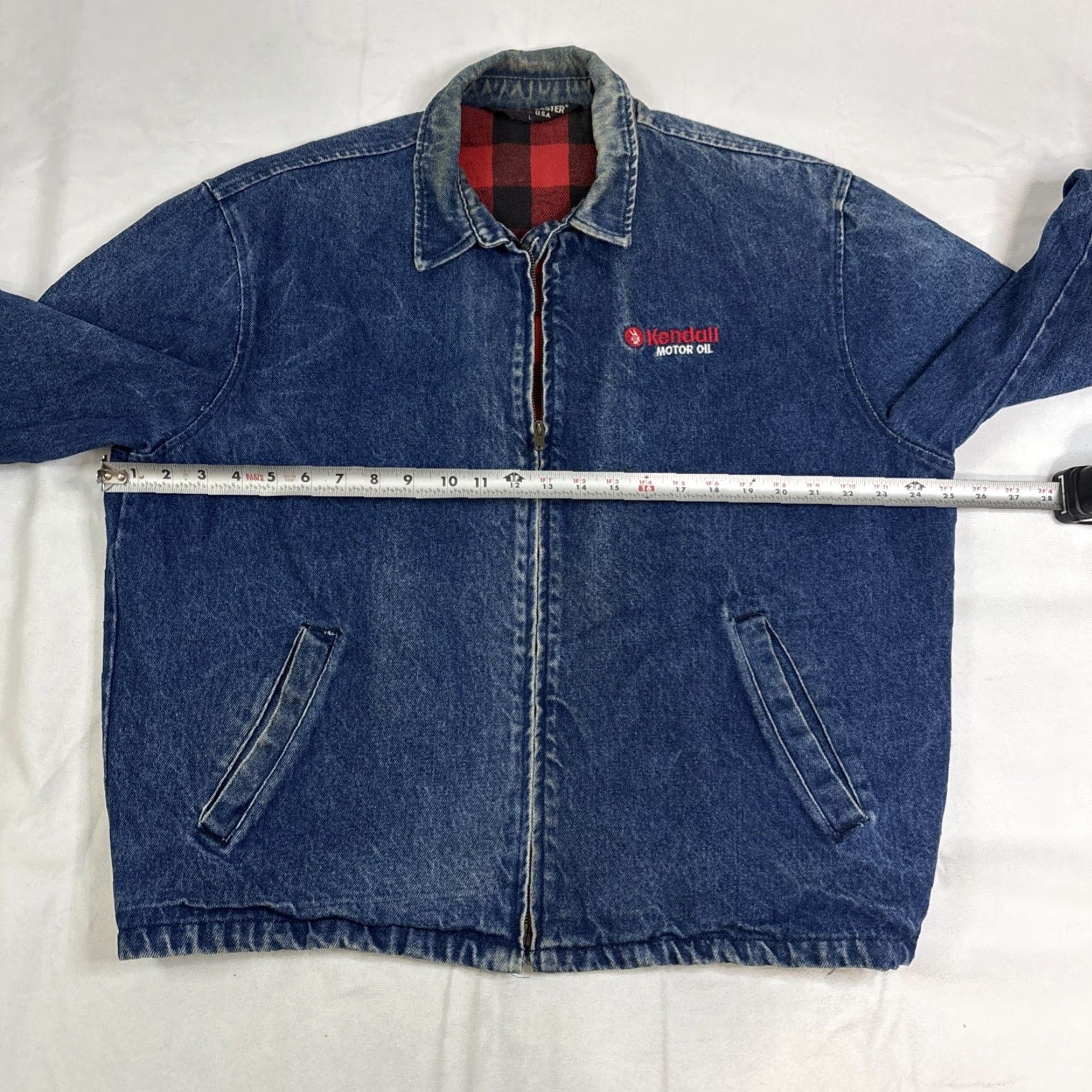 Vintage VINTAGE Sportsmaster Denim Jacket Plaid Lined Made In USA Men’s Large Kendall Motor Oil Jacket Blue Denim Cotton USA Men Jeans Coat Jacket Size US L / EU 52-54 / 3 - 4 Thumbnail