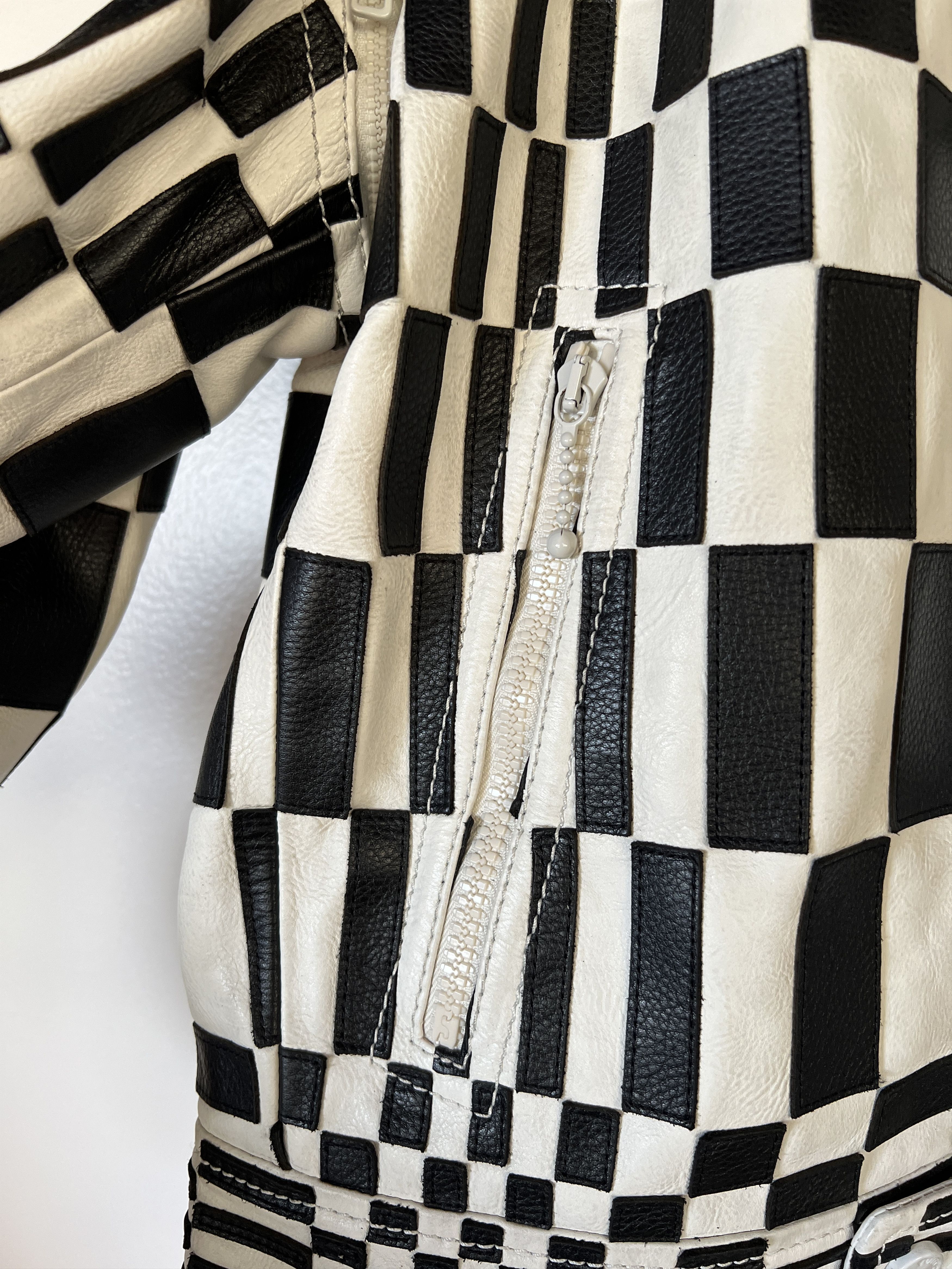 SS21 RUNWAY CHECKER PATCHWORK LEATHER BIKER JACKET SZ 46