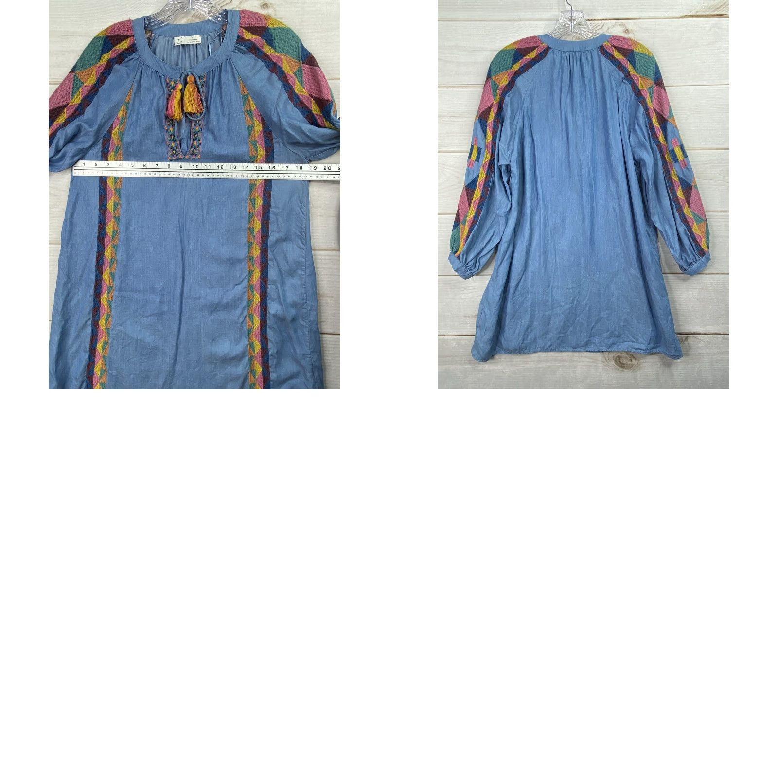 Zara Zara Shirt Dress XS Embroidered Tribal Geometric Chambray Lyocell Polyester Puff Sleeve Blue Vintage No (adjusted to structure) Size XS / US 0-2 / IT 36-38 - 8 Thumbnail