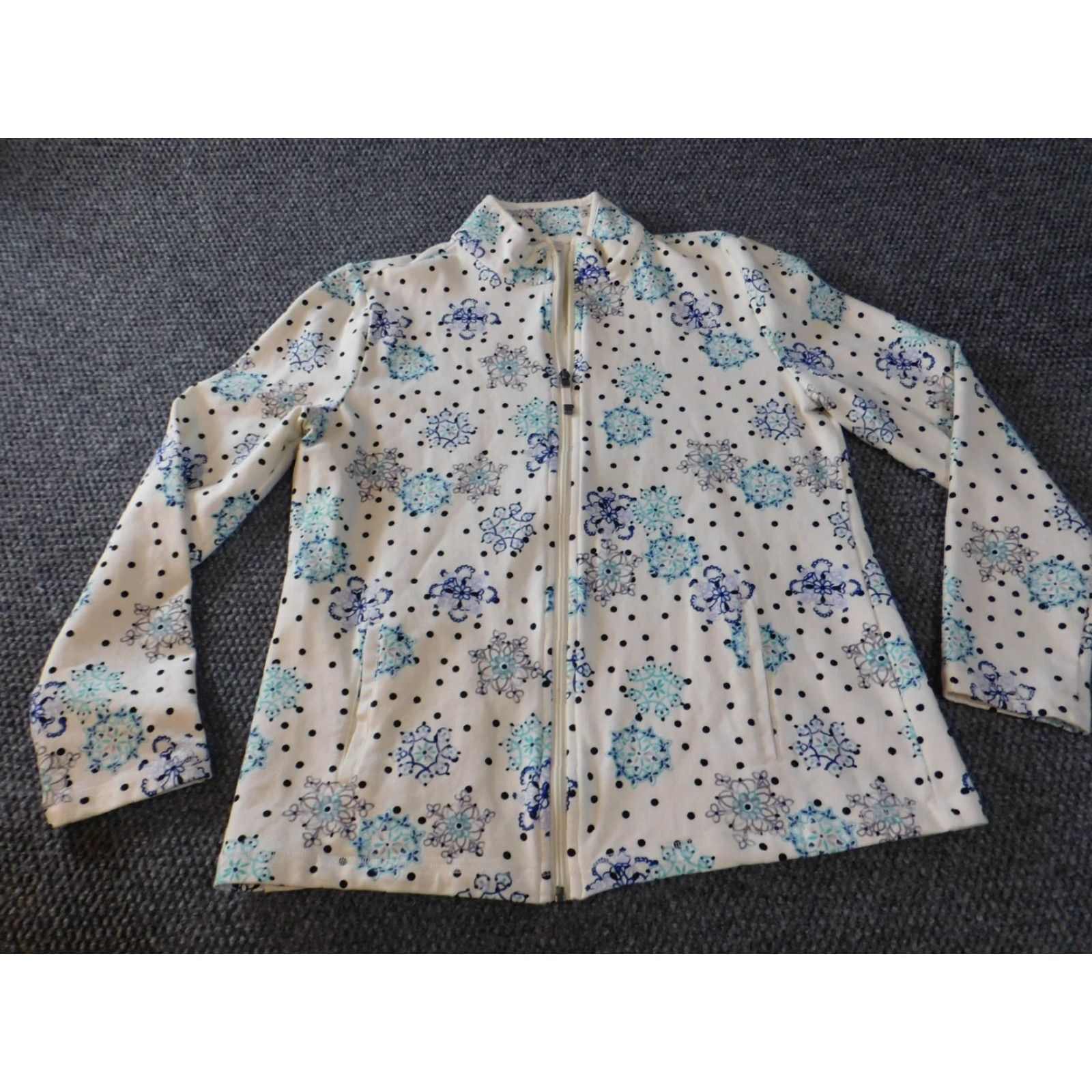 Talbots Talbots Jacket Womens Medium Blue Floral Zip Fleece Stretch Knit Mid-Length Long Sleeve Cotton Shell Embroidered Handcrafted? No Size L / US 10 / IT 46 - 4 Thumbnail