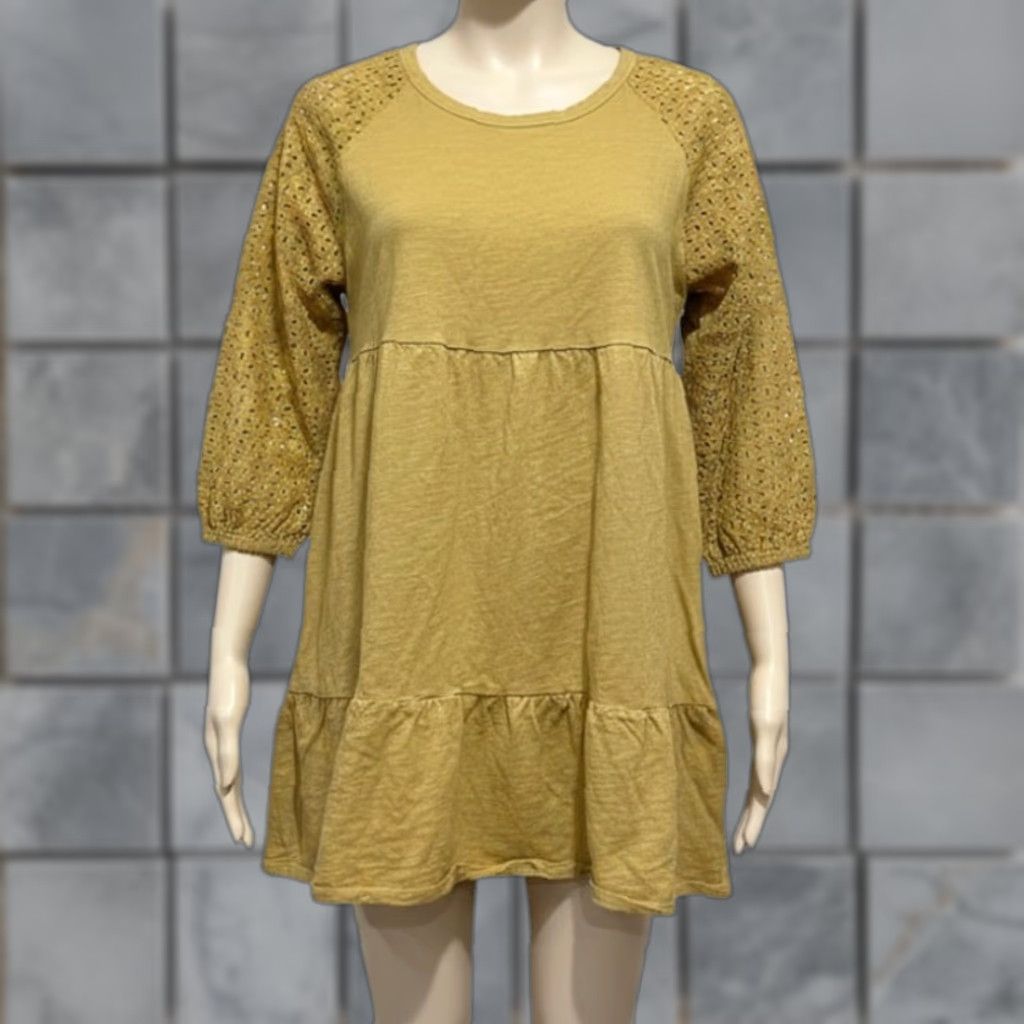 Vintage Time and Tru Tunic Dress Women L Yellow Eyelet Long Sleeve Boho A-Line 100% Cotton Knee Length Casual Size L / US 10 / IT 46 - 1 Thumbnail