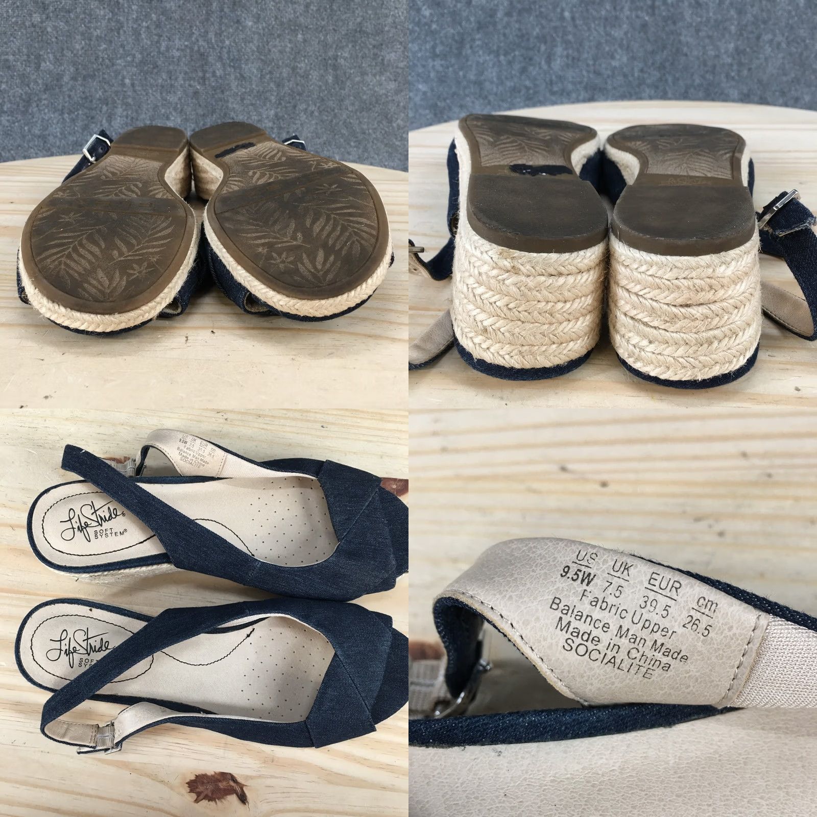 Vintage LifeStride Sandals Womens 9.5 W Socialite Espadrille Wedge Slingback Blue Fabric Size US 10 / IT 40 - 9 Thumbnail