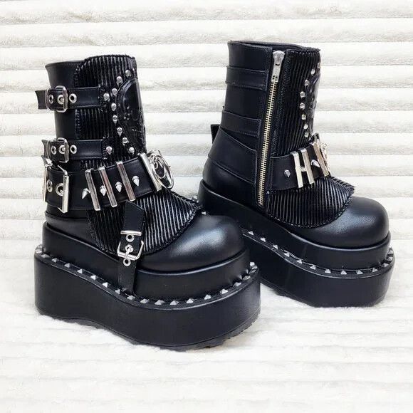 Bear 150 Platform Ankle Boots Goth Punk Stud & Skull Patch B
