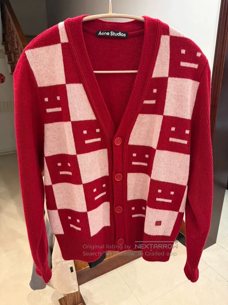 Acne Studios Red Smile Face Open Cardigan Sweater with Cla