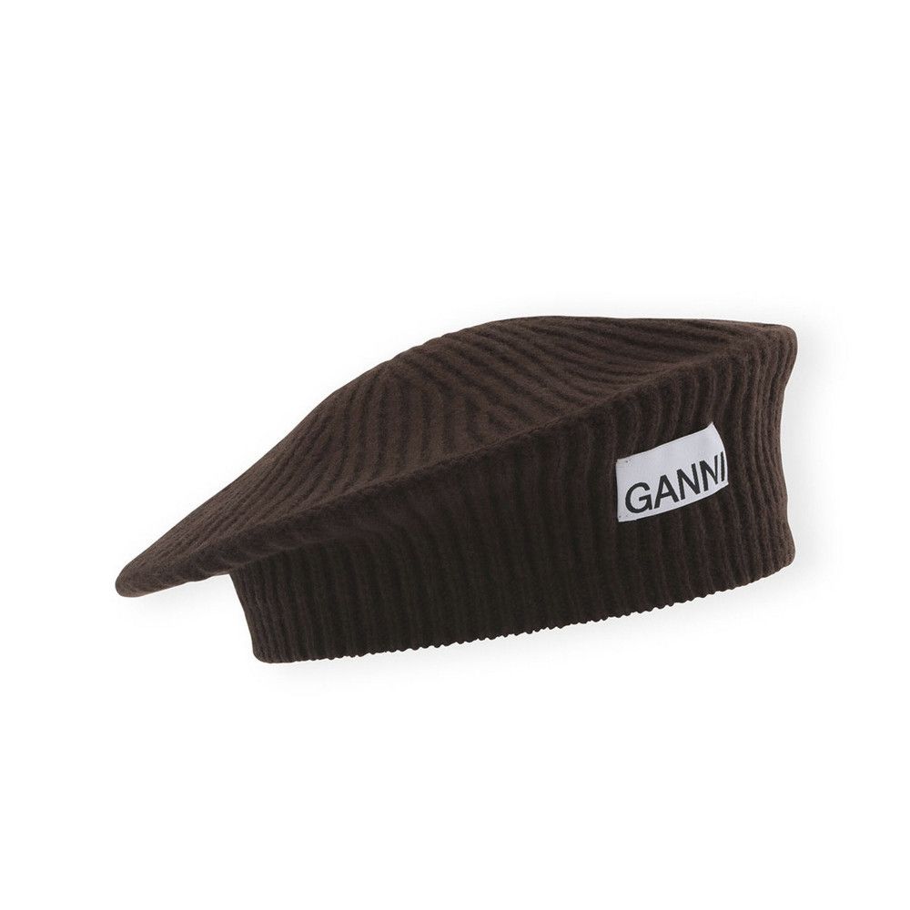 Ganni Structured Rib Wool Beret Dark Brown Size ONE SIZE - 5 Thumbnail