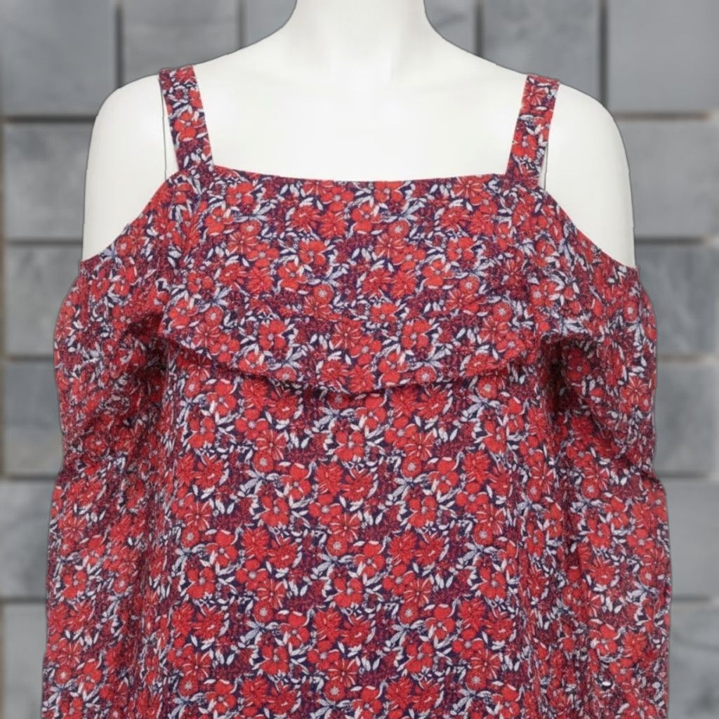 NYDJ NYDJ Blouse Plus 0X Red Floral Off the Shoulder Short Sleeve Tunic Womens Everyday Casual Summer Spring Fall Winter 0X Plus Polyester Machine Washable Size XL / US 12-14 / IT 48-50 - 1 Thumbnail