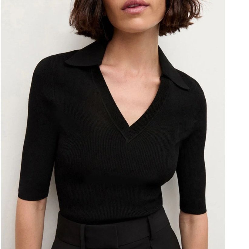 Veronica Beard VERONICA BEARD Emily Polo Collared Shirt Black Stretch Knit Size M / US 6-8 / IT 42-44 - 1 Thumbnail