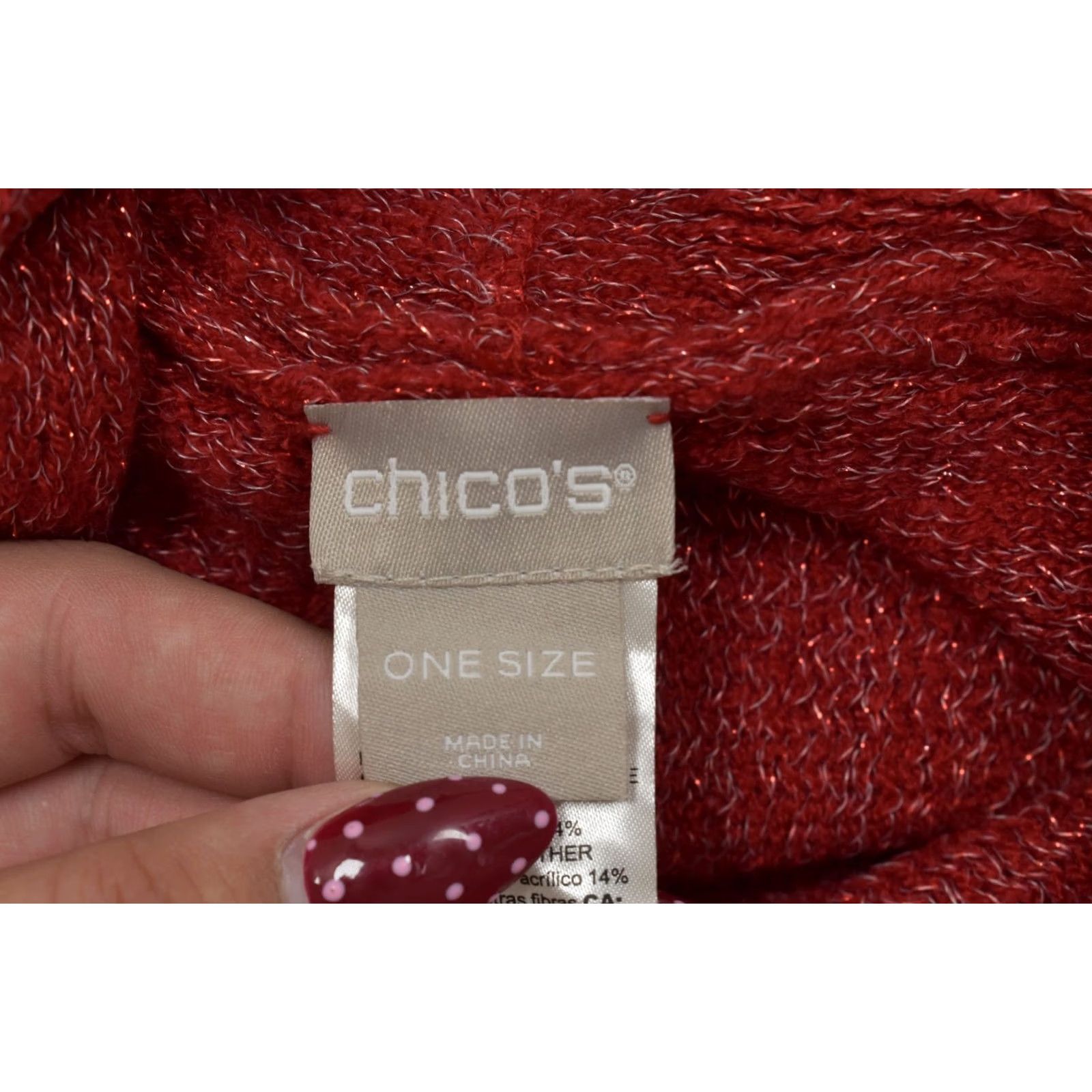 Vintage Chico's Red Poncho Sweater One Size Metallic Knit Fringe Hem Turtleneck Pullover Knit Woman Women Winter Fall Spring Casual Mens Size ONE SIZE - 8 Thumbnail