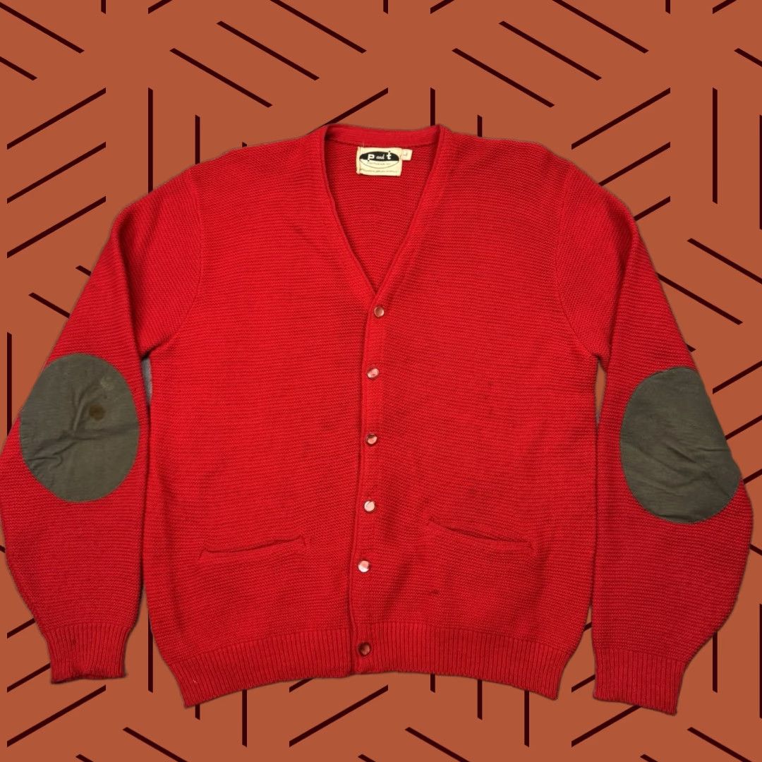 VINTAGE P & T KNITWEAR CARDIGAN Men's Large Cherry Red Knitwear with Suede Elbow Patches 50s