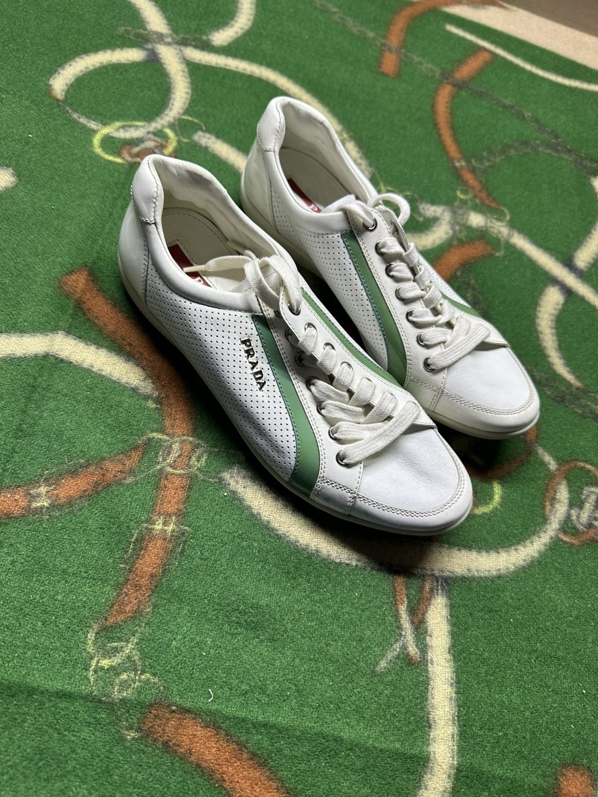 Prada Prada Milano White Green Perforated Leather Sneakers 36,5 Size US 6.5 / IT 36.5 - 2 Thumbnail