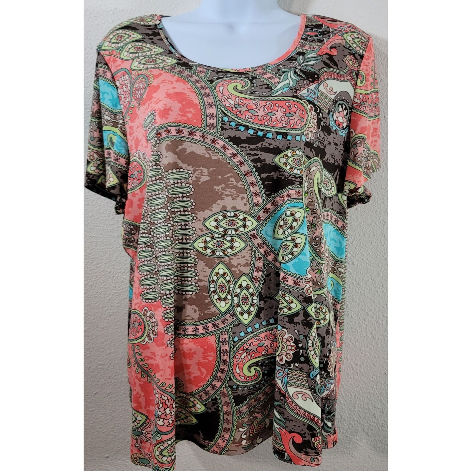 Other TanJay Orange Pink Brown Paisley Print Rhinestone Top Large Size L / US 10 / IT 46 - 1 Thumbnail
