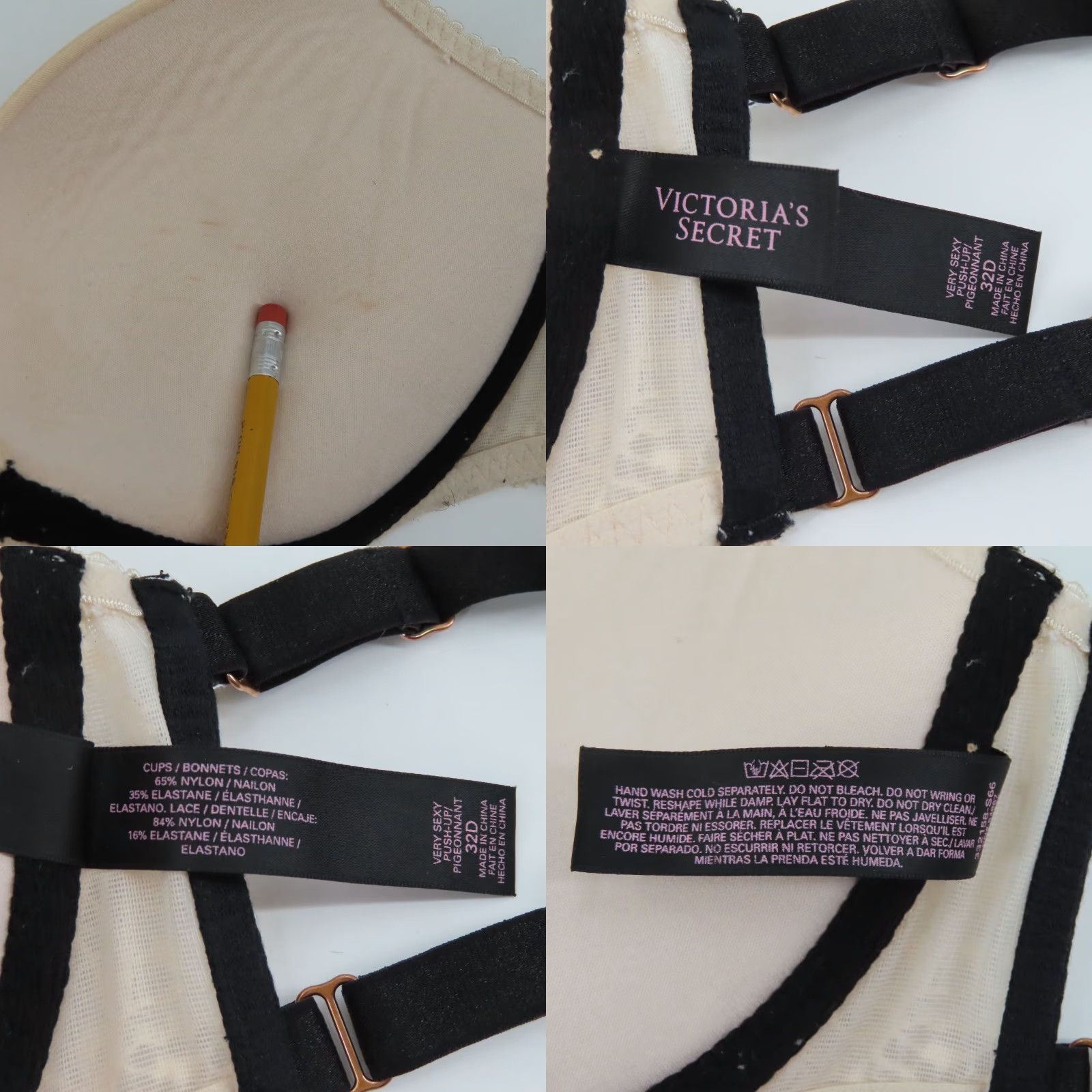 Victoria's Secret Victorias Secret 32D Very Sexy Push Up Bra Cream Lace Black Padded Underwire Size ONE SIZE - 9 Thumbnail