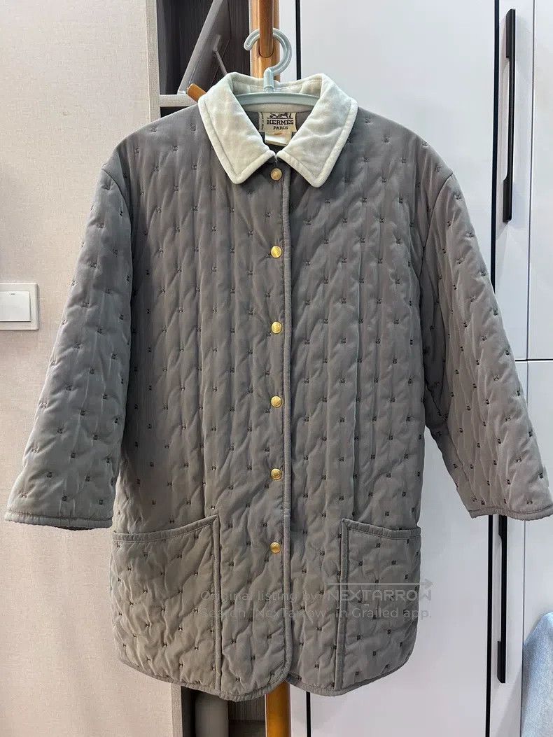 Hermes Hermes Quilted Jacket, Elephant Gray, White Velvet Collar Size XS / US 0-2 / IT 36-38 - 1 Thumbnail