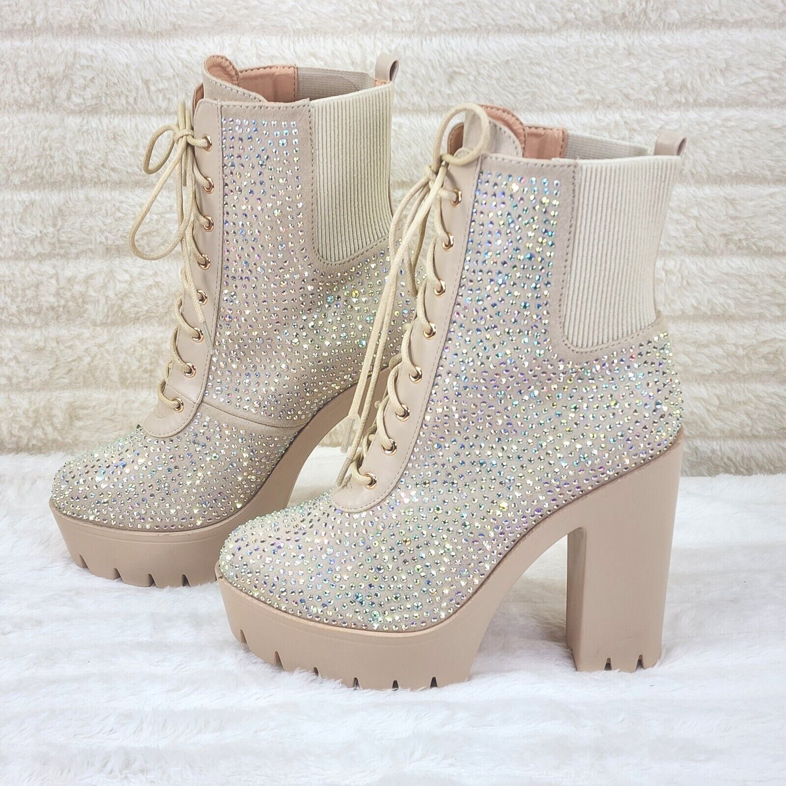 Other Barri Nude Beige Cream Rhinestone Chunky Heel Platform Ankle Size US 11 / IT 41 - 8 Thumbnail