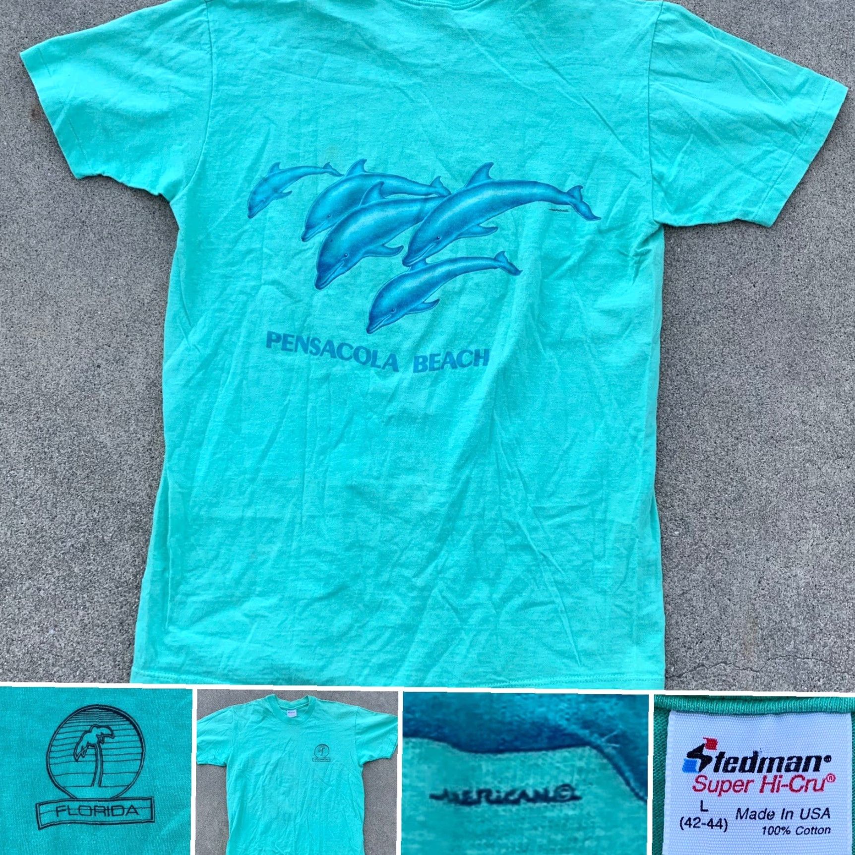 Vintage VINTAGE Pensacola Beach Florida dolphin graphics t-shirt Stedman Super Hi-Cru L Shirt Men 1980s Green Graphic Tee USA Dolphins Beach Size US L / EU 52-54 / 3 - 5 Thumbnail