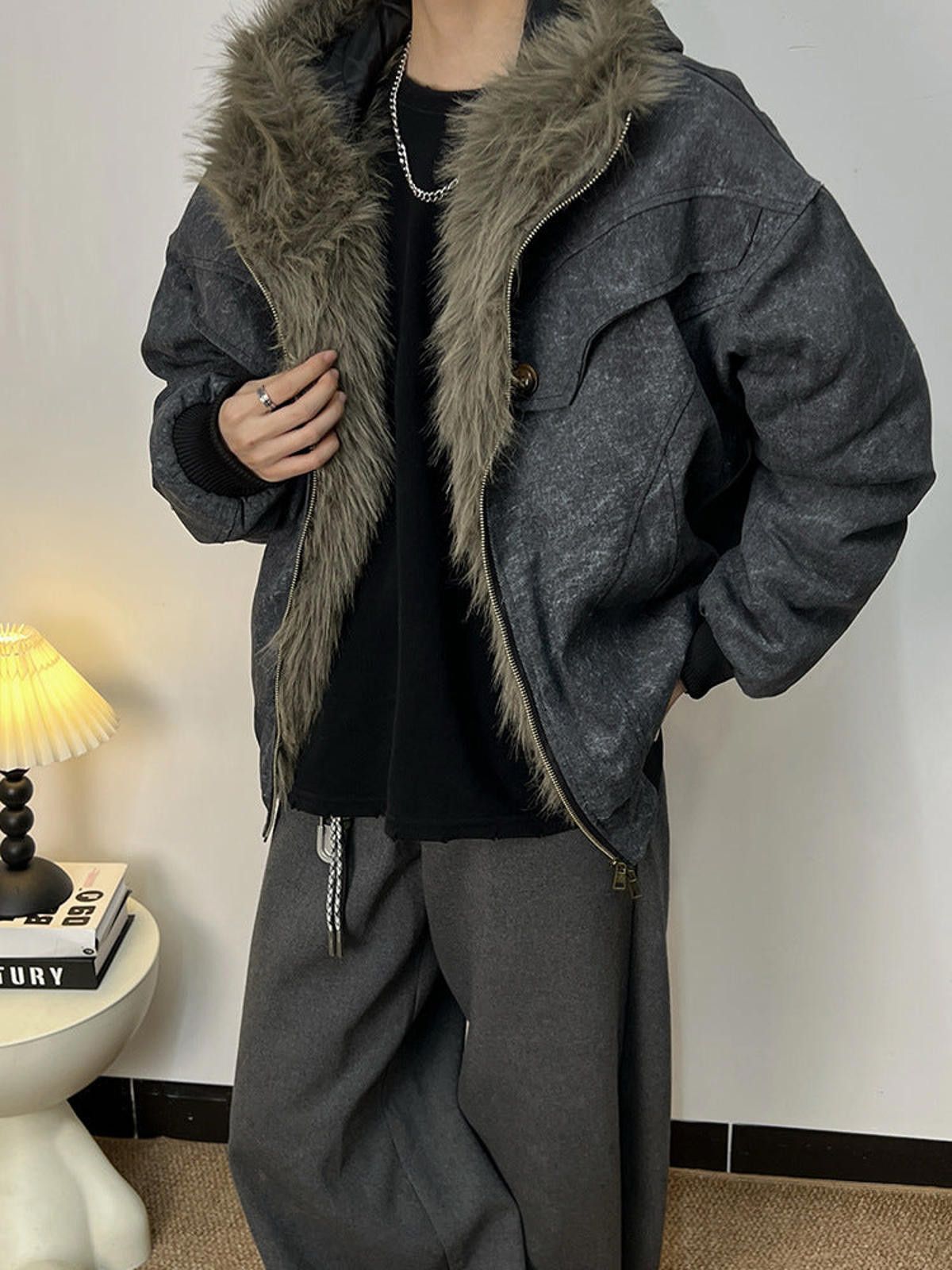 Japanese Brand Gray Hooded Bomber Jacket, Casual Oversized Winter Coat Size US L / EU 52-54 / 3 - 6 Thumbnail
