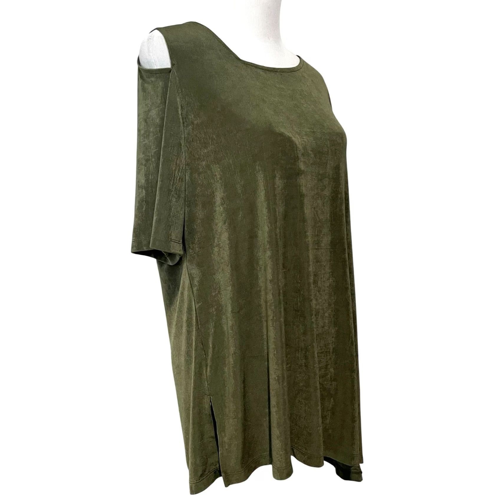 Vintage Chicos Travelers Blouse Tunic Short Sleeve Asymmetrical Cold Shoulder Slit Top Sz 3 XL Green Size XL / US 12-14 / IT 48-50 - 4 Thumbnail