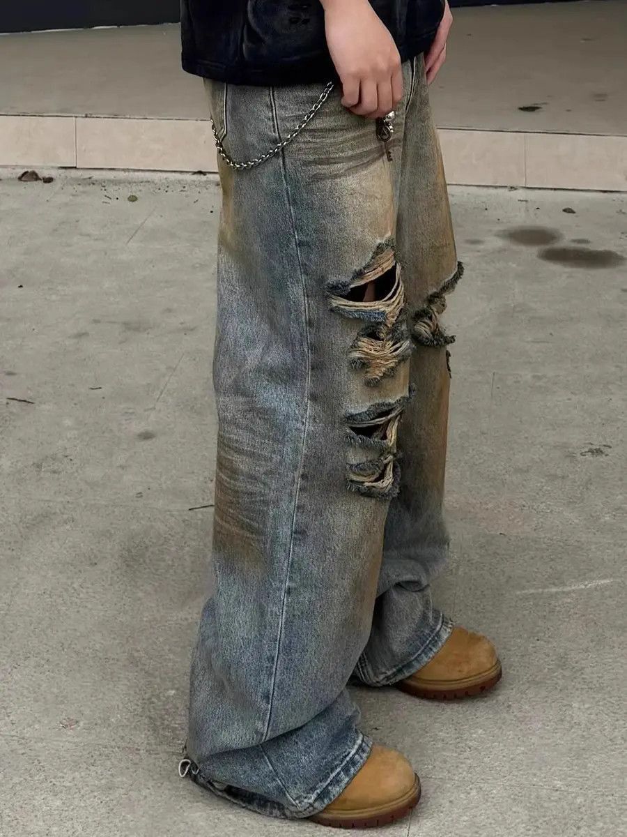 Japanese Brand Retro loose straight leg washed ripped jeans Size US 32 / EU 48 - 4 Thumbnail