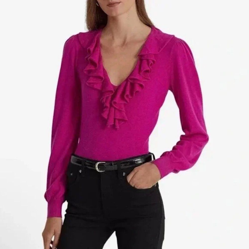 Ralph Lauren NWT New $125 Ralph Lauren Pink Ruffle-Trim Jersey Sweater S Size S / US 4 / IT 40 - 1 Thumbnail