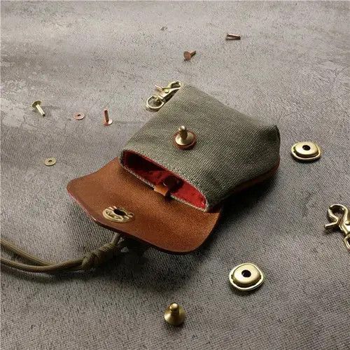 Genuine Leather × Japanese Brand Handmade Small Canvas Leather Coin Pouch Bag With Lanyard Size ONE SIZE - 4 Thumbnail