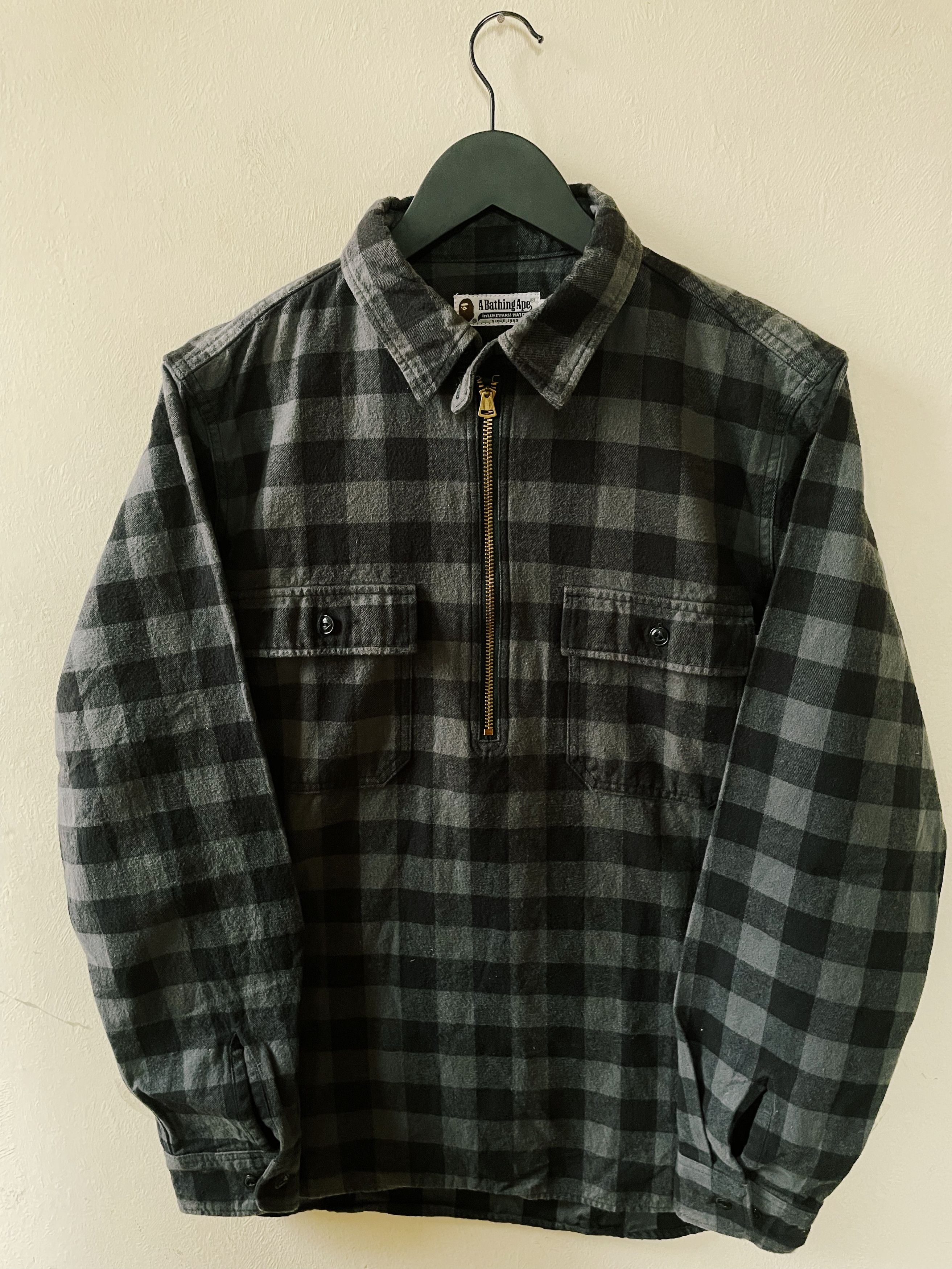 image of Bape A Bathing Ape Check Half Zip in Gray/Black, Men's (Size Large)