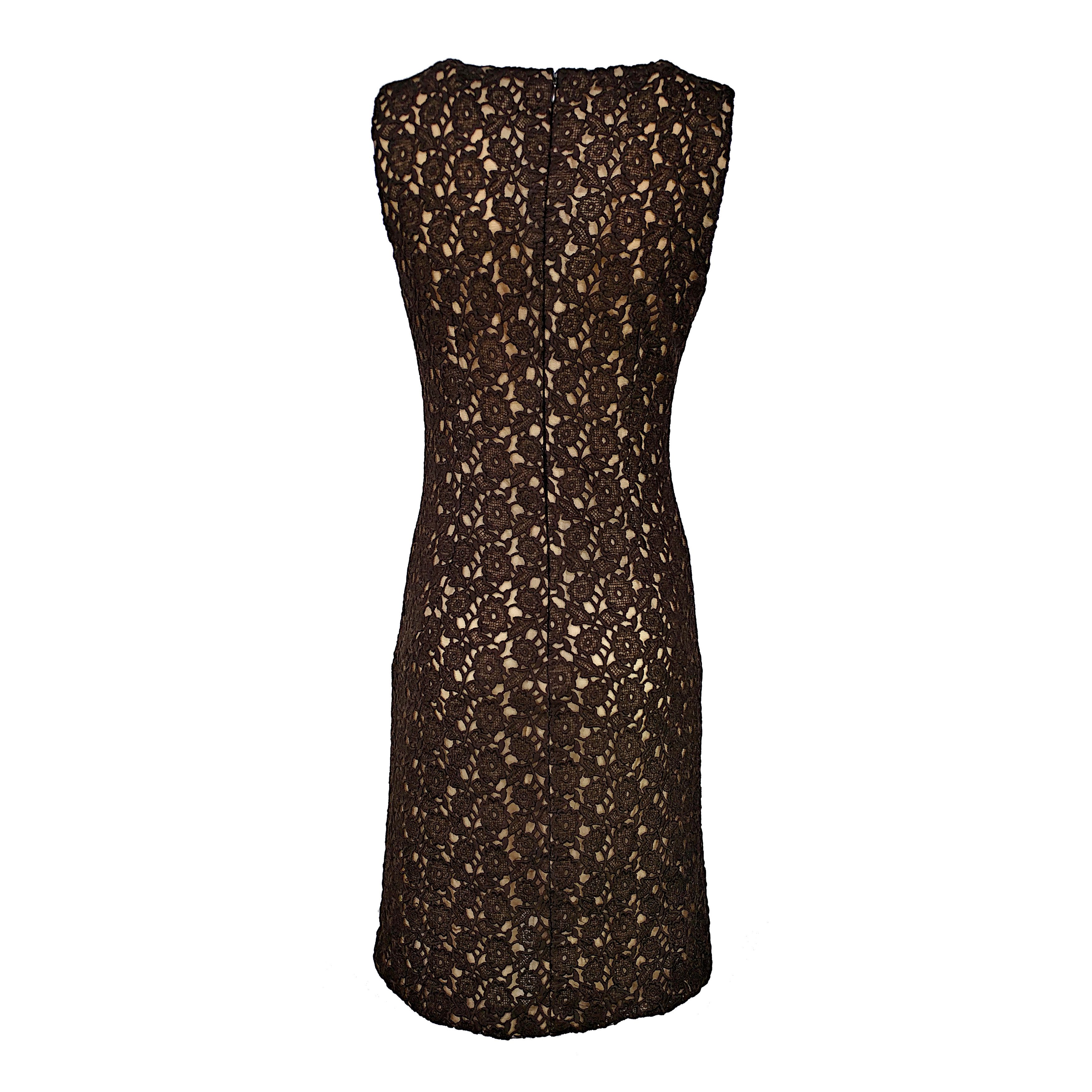 Dolce & Gabbana Archive 90s Brown Floral Lace Sheath Dress Size S / US 4 / IT 40 - 4 Thumbnail