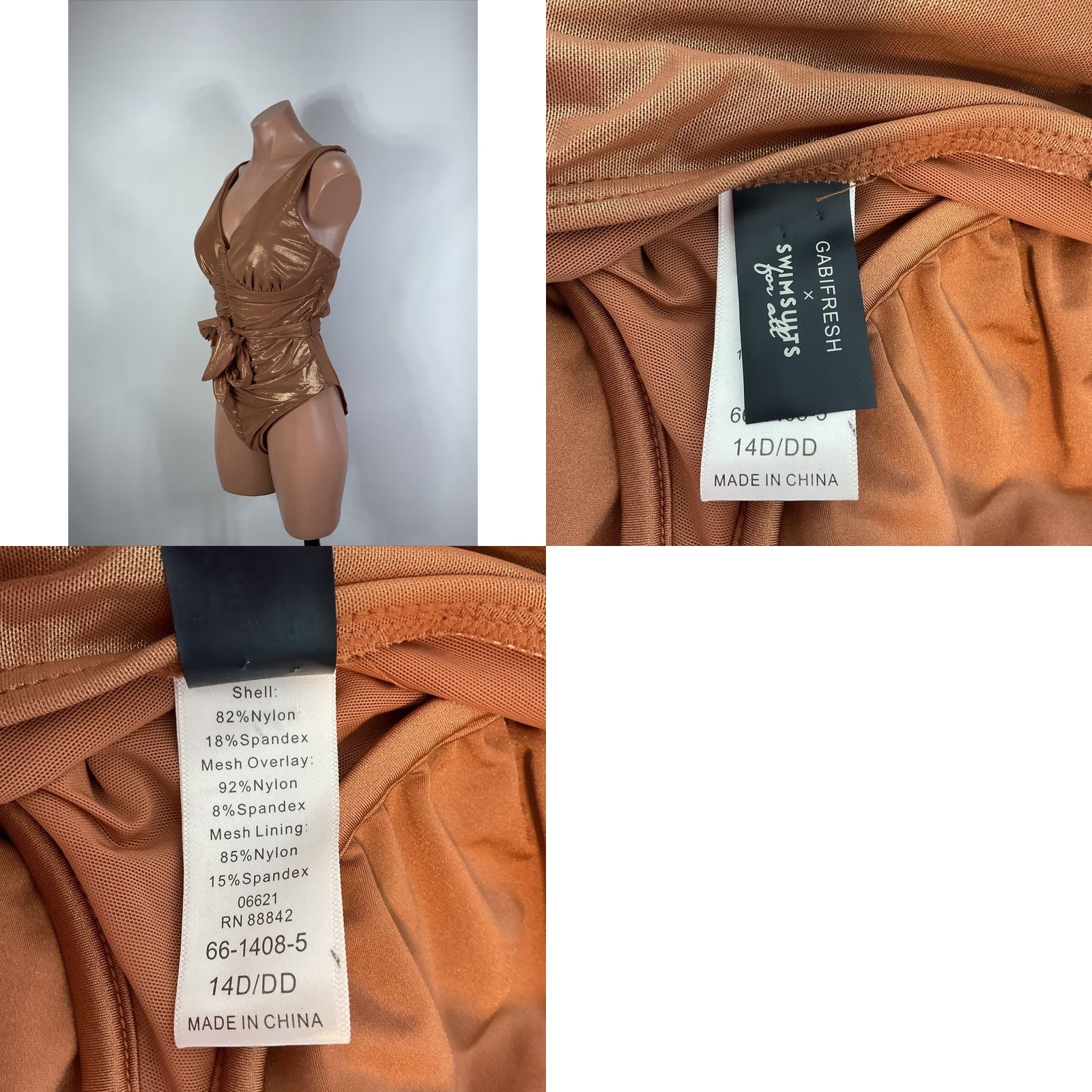 Vintage SwimsuitsForAll RoseGold Metallic Tie Front Gabifresh Size 14 D/DD One Piece Swim Skirt Adult Womens Navy Gold DD Size ONE SIZE - 8 Thumbnail