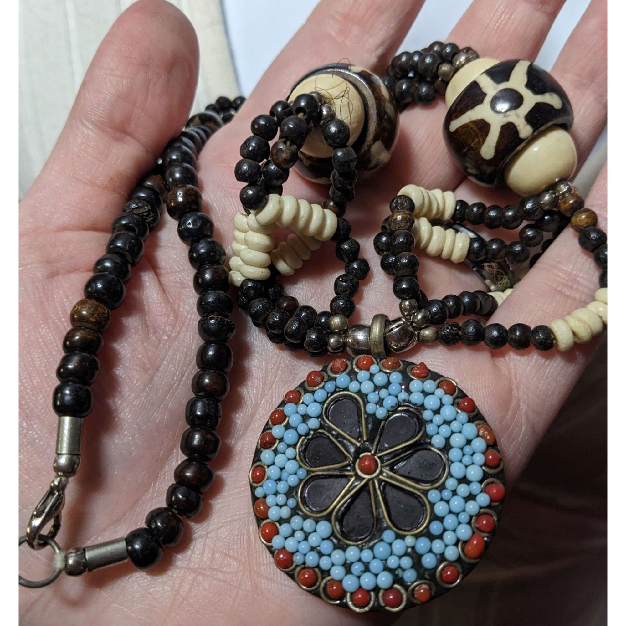 Other Vintage Handmade Beaded Ethnic Wood Metal And Glass Medallio Size ONE SIZE - 6 Thumbnail