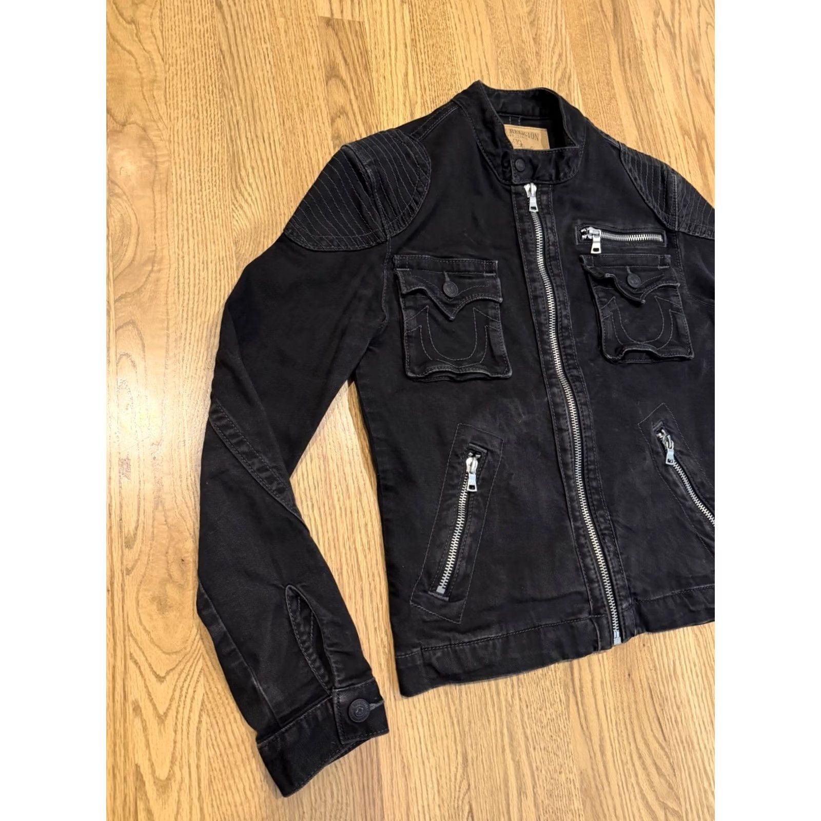 True Religion VINTAGE True Religion Moto Jacket Mens S Black Denim Motorcycle Biker Zip Pockets Size US S / EU 44-46 / 1 - 5 Thumbnail