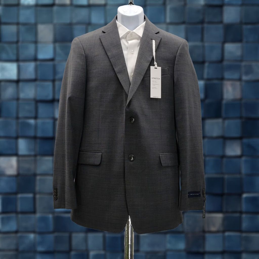 Tommy Hilfiger TOMMY HILFIGER Blazer Men's ADAMS GREY/BLUE Stretch 42L Wool/Poly/Spandex Notch Two-Button Single-Breasted Long Jacket Rowdy? Size 42R - 1 Thumbnail