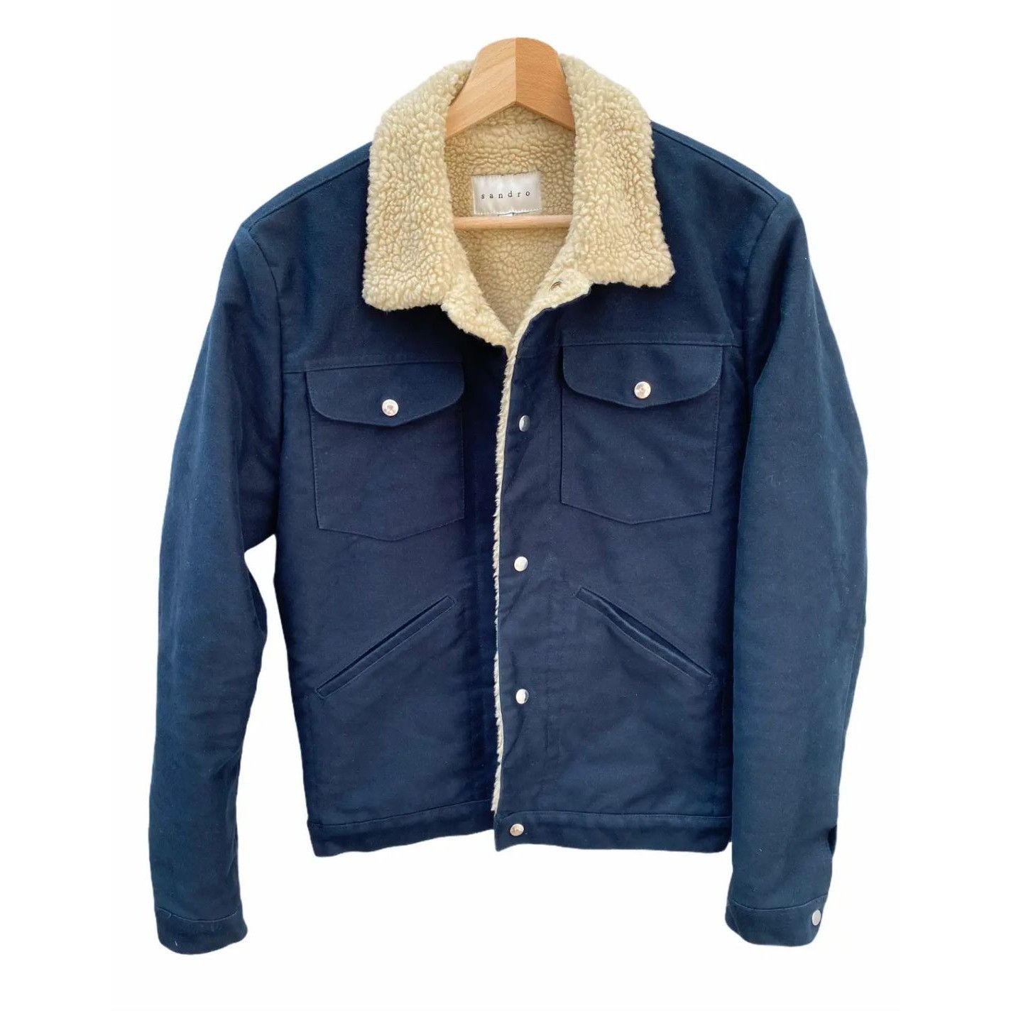 image of Sandro Navy Shearling Jacket, Men's (Size Small)