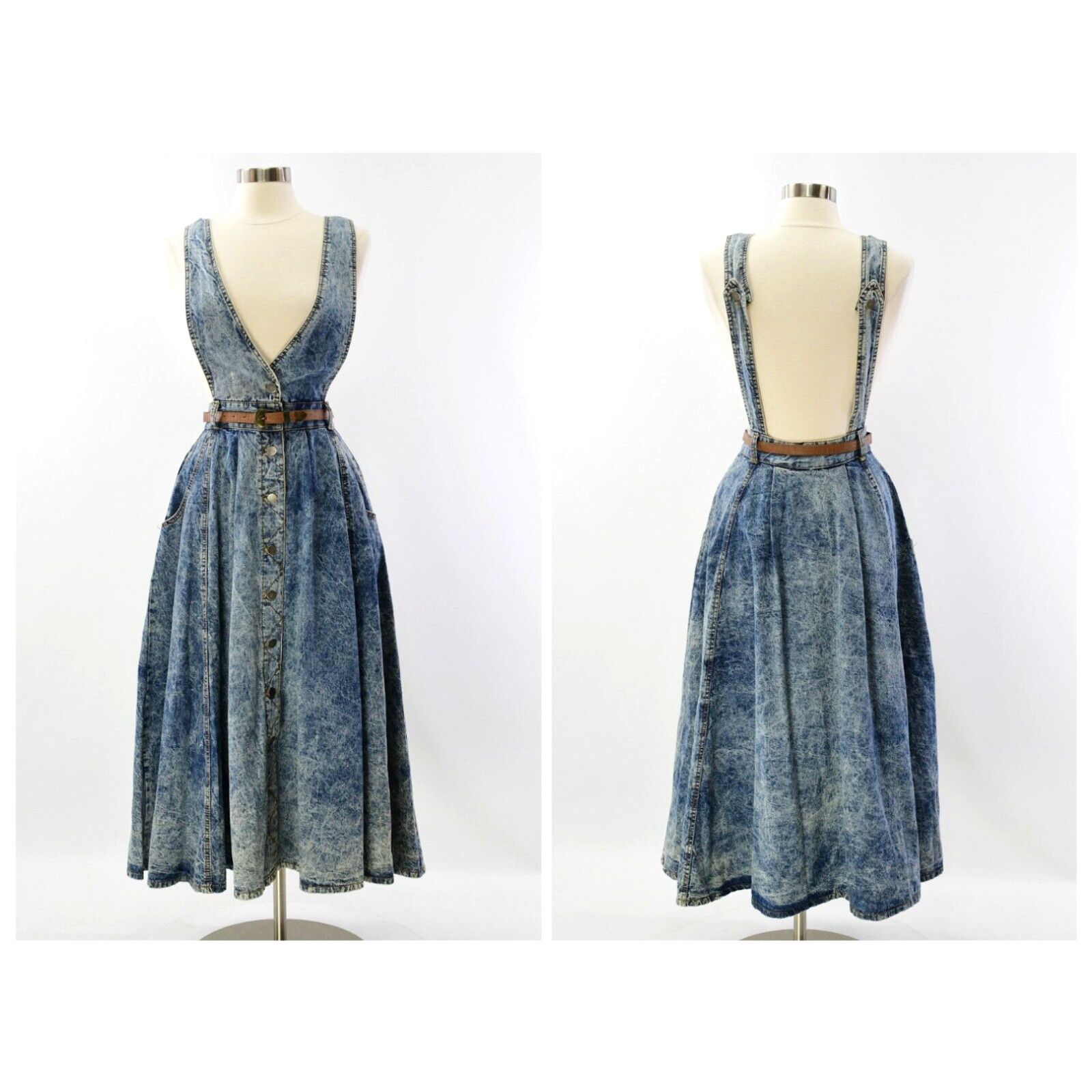 image of 80's Vintage Dark Acid Wash Denim Maxi Dress Size 2 Paris Sport Club Bib Dresses in White, Women's