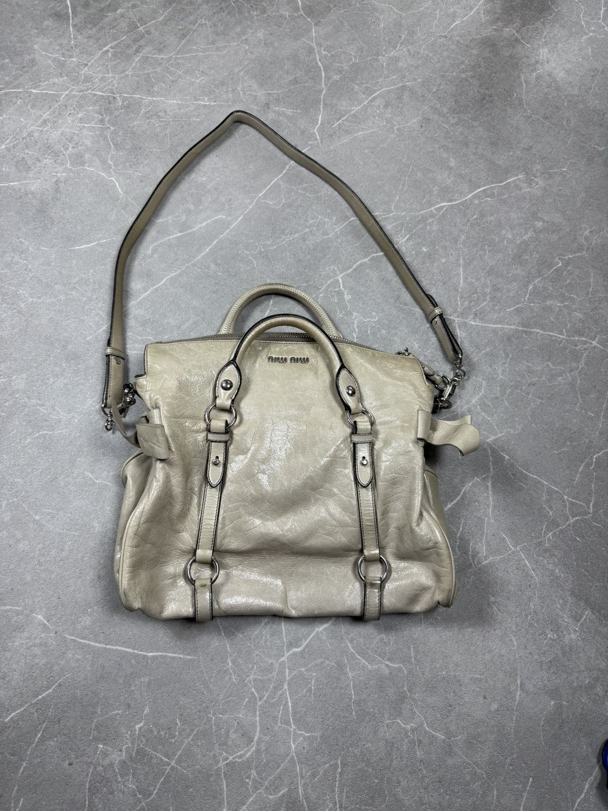 Miu Miu Miu Miu Beige Vitello Schleife Leder Handtasche Satchel Tote Size ONE SIZE - 1 Thumbnail