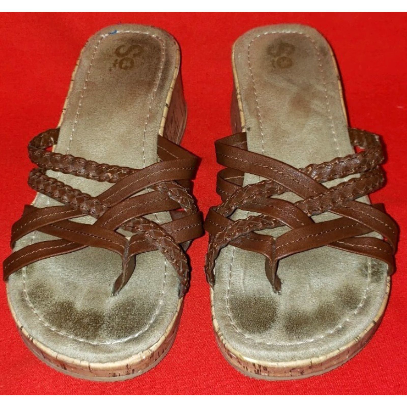 Vintage SO Women's Slide Platform Wedge Sandals Size 7.5M Brown Crossovers Toe Post - Slip On, Faux Leather, Suede Insole, Casual Shoes, Women, 2.5" Heel Size US 6 / IT 36 - 3 Thumbnail