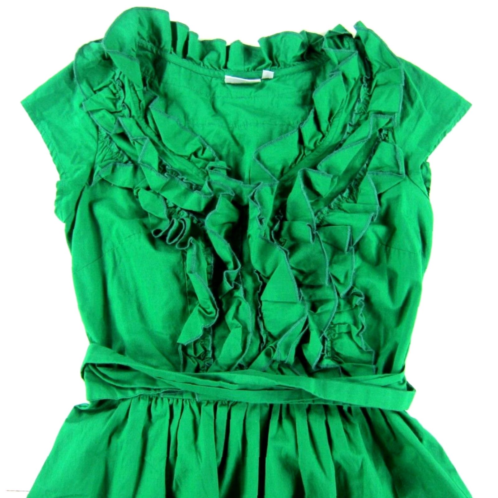 Vintage eShakti Dress Green 100% Cotton Ruffle Neck Pocket Cap Sleeve Tie Sheath M/8 Size M / US 6-8 / IT 42-44 - 4 Thumbnail