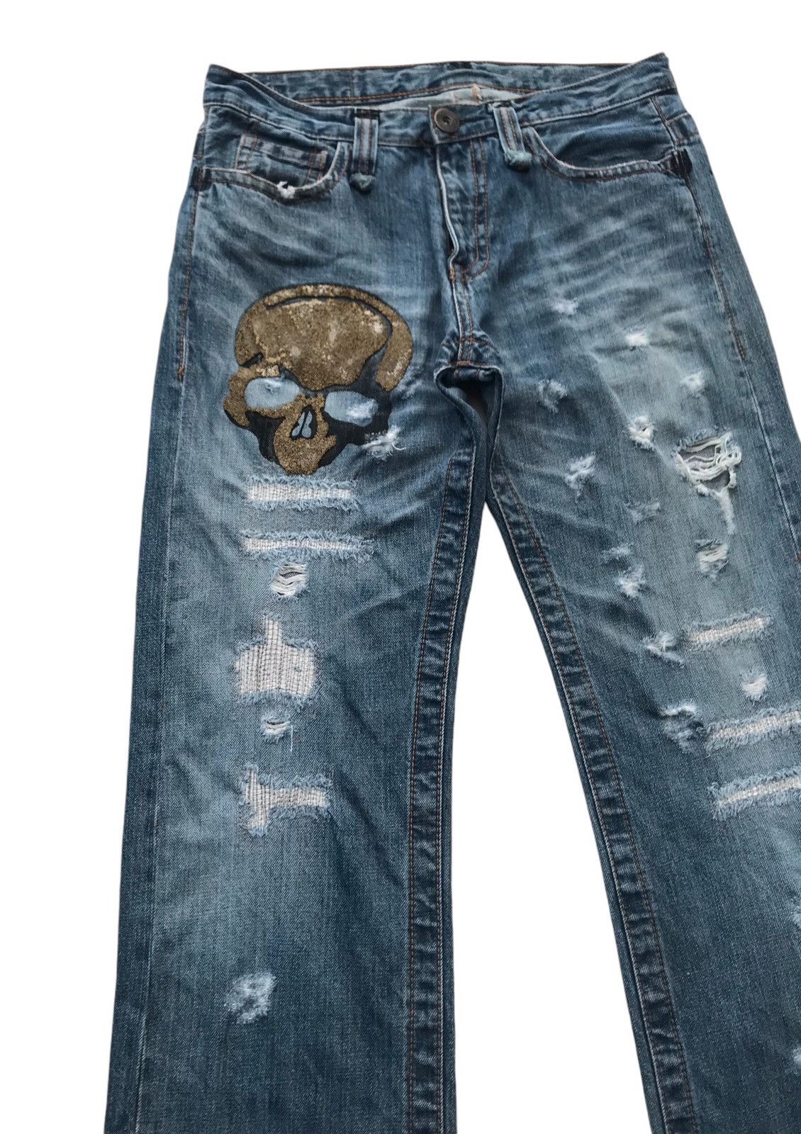 Japanese Brand Ripped Skull Motif Distressed Denim Pants Size US 32 / EU 48 - 3 Thumbnail