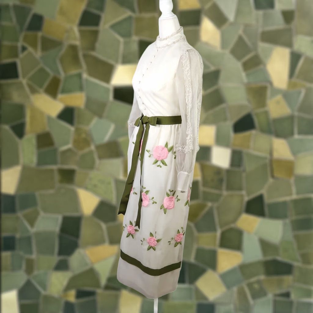 Vintage VINTAGE Jack Bryan Formal Maxi Dress 8 Cream Pink Floral Embroidered Long Sleeve 60s 70s Bohemian Women Size M / US 6-8 / IT 42-44 - 1 Thumbnail