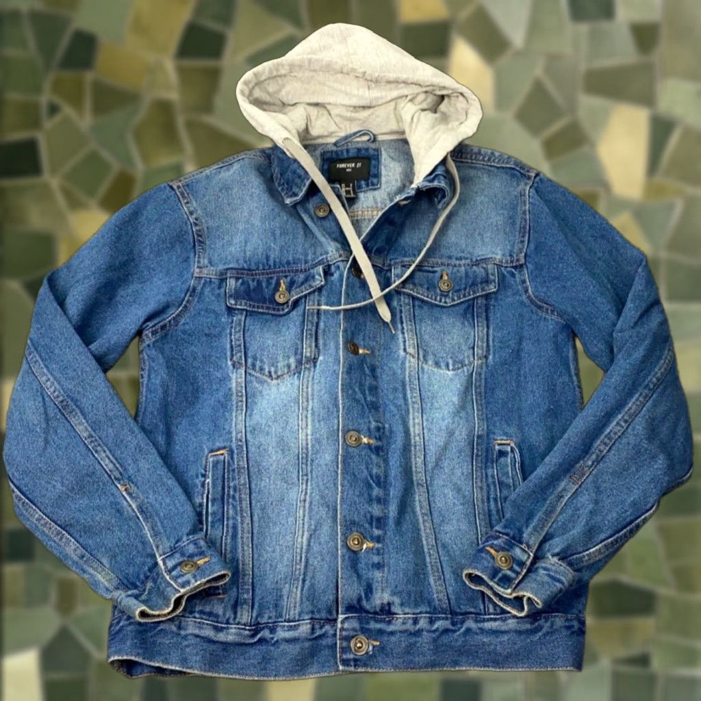 Forever 21 VINTAGE Forever 21 Denim Jacket Mens Small Blue Hooded Trucker Grunge Size US 29 - 1 Thumbnail