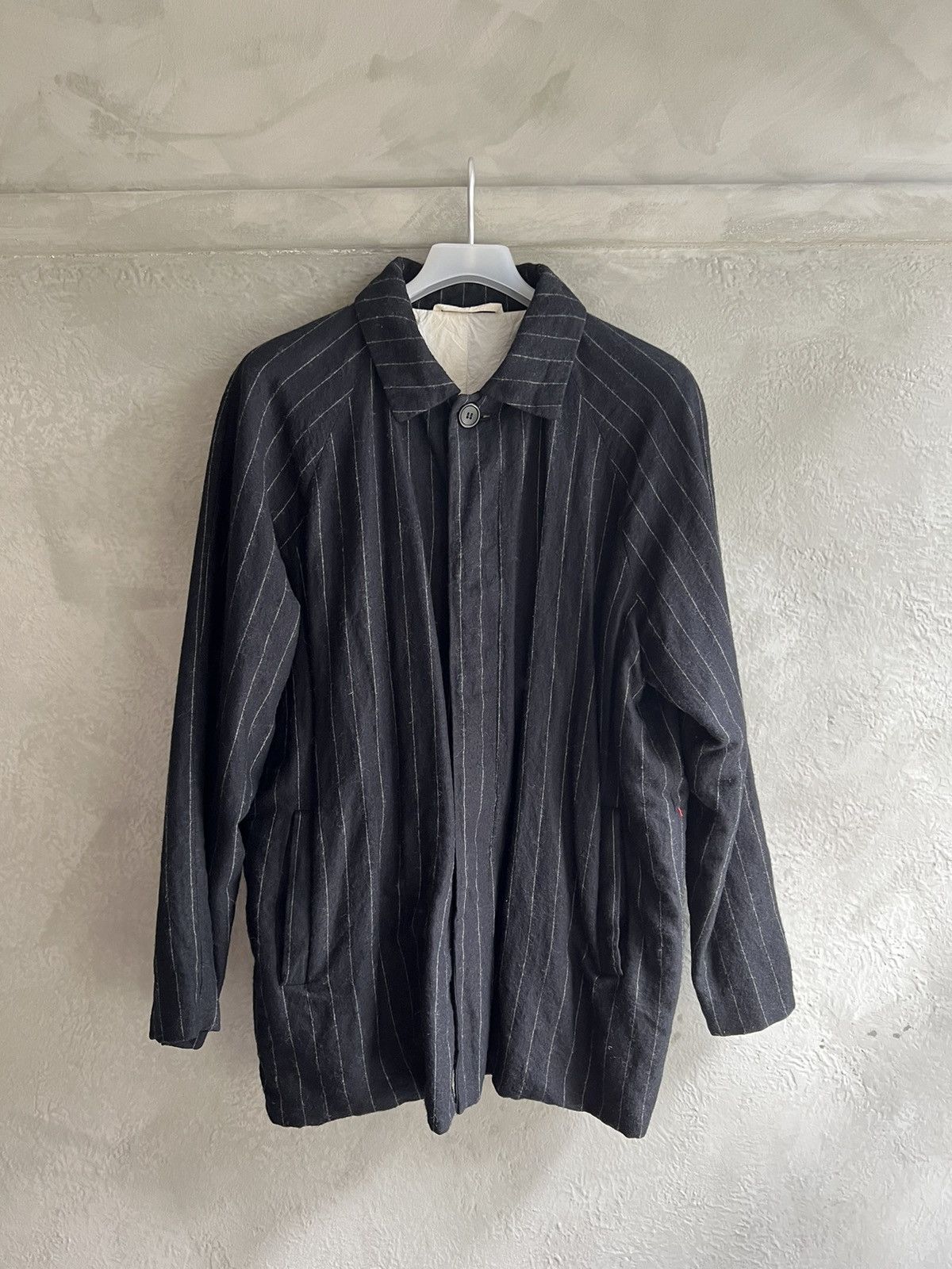 image of Casey Casey Short Mac (Rotterdam) Jacket In Pinstripe Felt in Black, Men's (Size Medium)