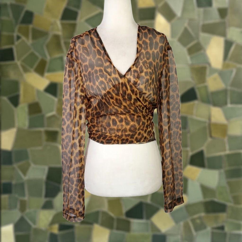 Vintage VINTAGE YES Brown Leopard Print Sheer Wrap Crop Blouse Top M Womens 90s Size M / US 6-8 / IT 42-44 - 1 Thumbnail