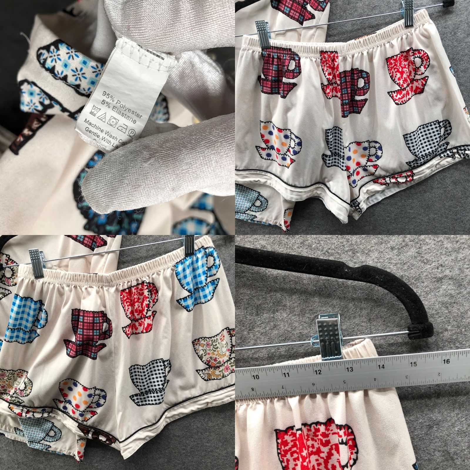 Vintage Womens XL Teacup Print Pajama Set Short Sleeve Shorts 2 Piece Patchwork Beige Size 40" / US 18 - 8 Thumbnail